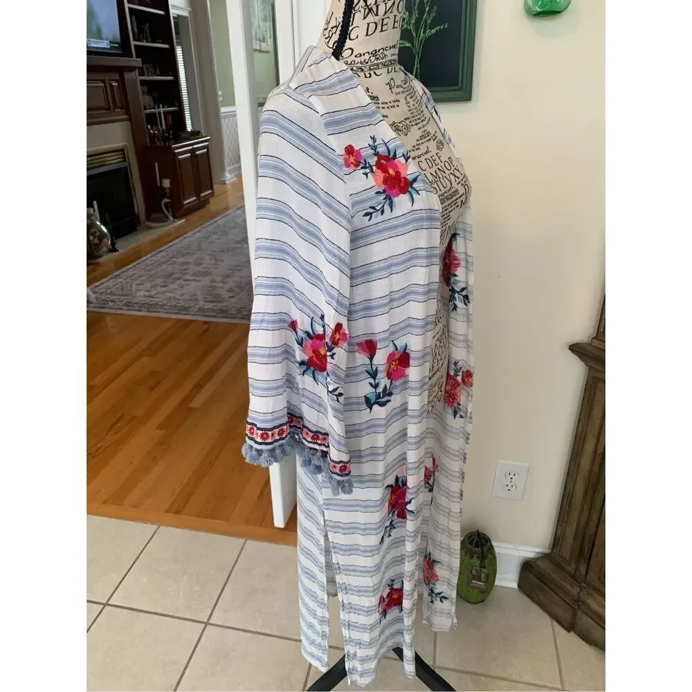 Altar'd State Blue Striped Embroidered Floral Boho Kimono Duster Cardigan